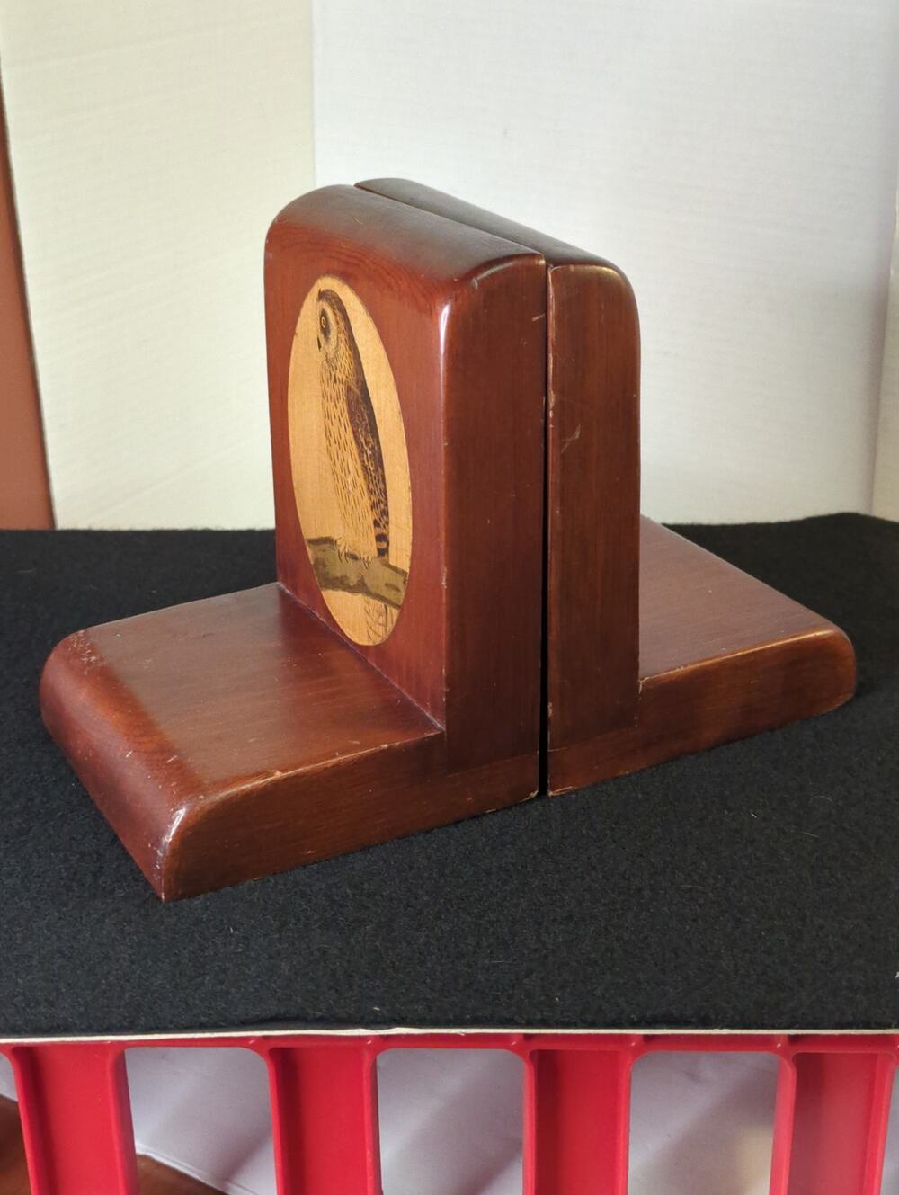 Vintage Wood Owl Bookends Decoupage Art Pair Library Bookshelf